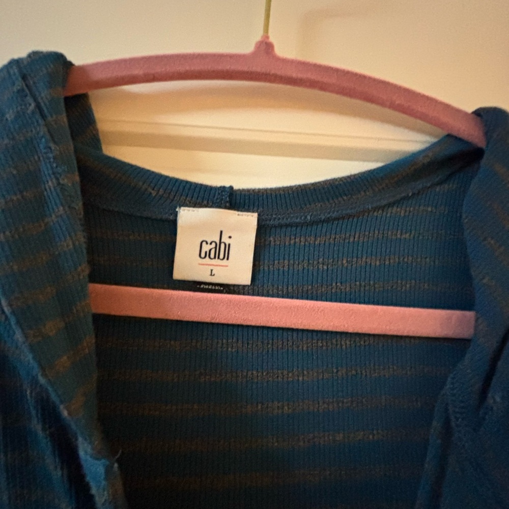CAbi Riff Hoodie Womens L Blue Gray Striped Long Sleeve Henley Ribbed 4191 - Picture 6 of 6